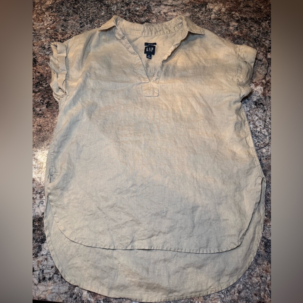 GAP Neutral Beige Linen V-Neck Collar Short Sleeve Top - Picture 2 of 7